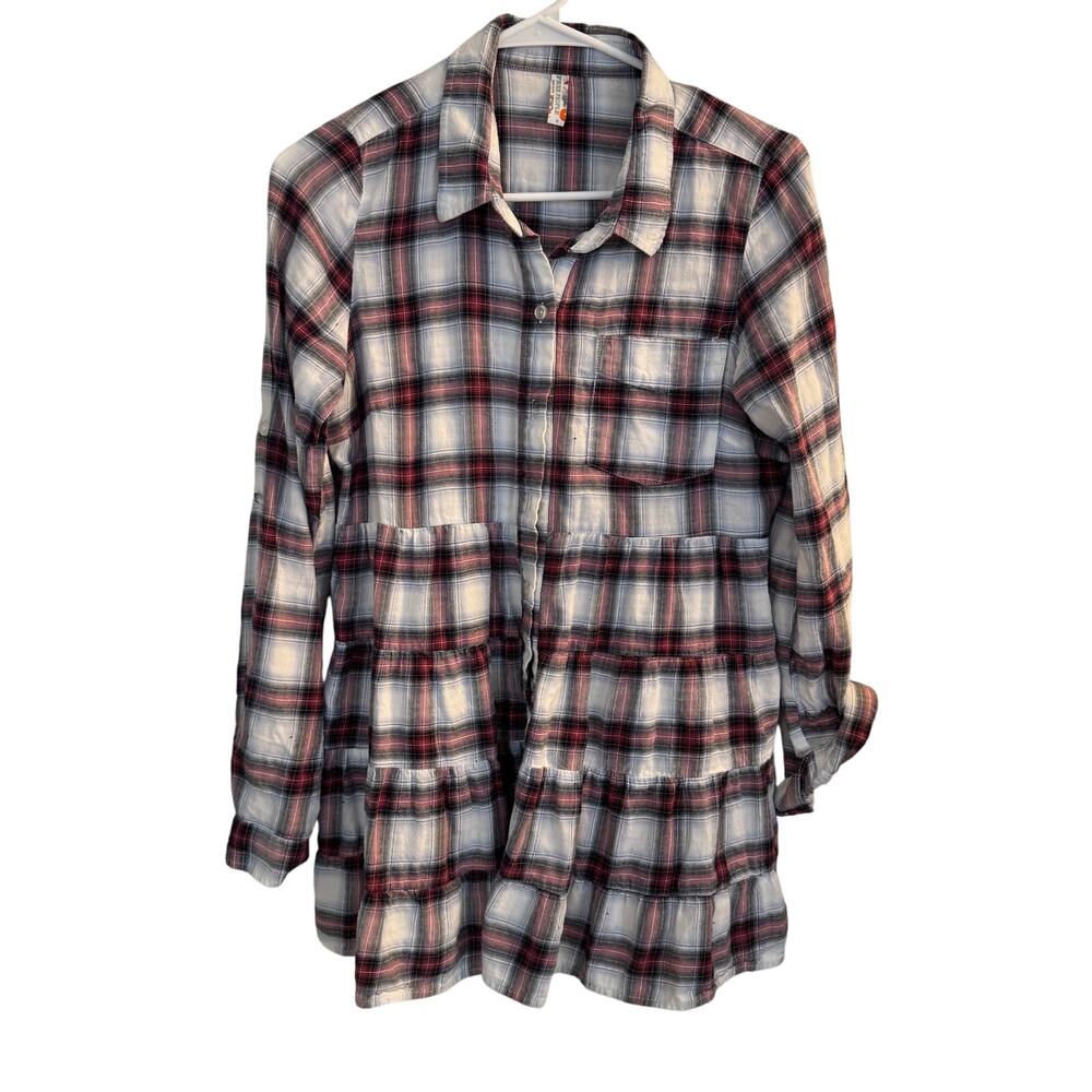 Free People Top Womens 8 Red Plaid Eternal Sunshine Tiered Button Down Blouse